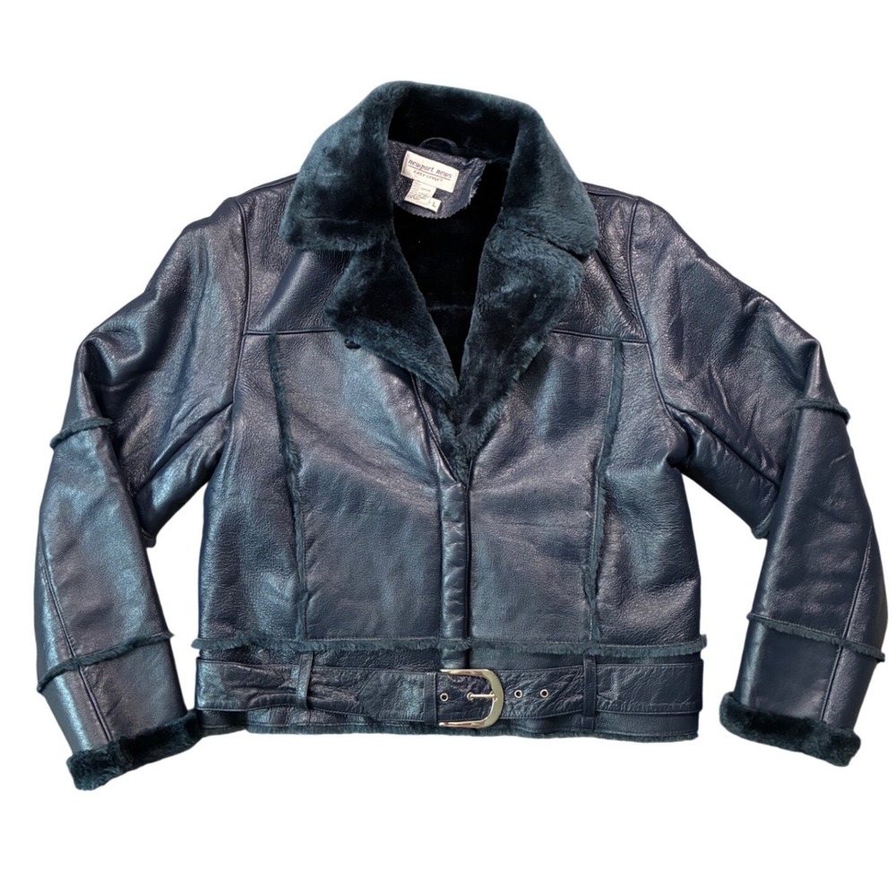 Vintage Newport News Easy Style Navy Blue Leather Shearling Jacket Women's L